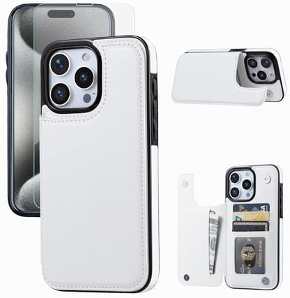Wallet Case Compatible with iPhone 15 Pro Max(6.7"),Slim Protective case with Card Holder with 1 Screen Protective Glass,Premium PU Leather Kickstand Card Slots Case-White - color: White