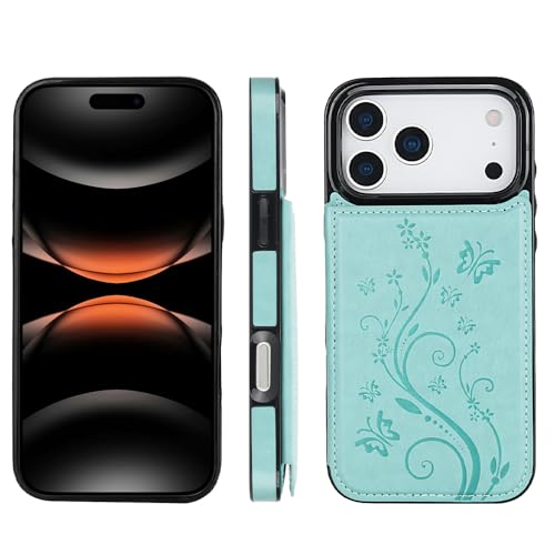 for iPhone Case,Retro Slim PU Leather Flower Butterfly Pattern Wallet,Card Holder Slots Full Body Military Grade Protection Soft Shockproof Phone Case (iPhone 17 Pro,Green) - color: Green, size: iPhone 17 Pro