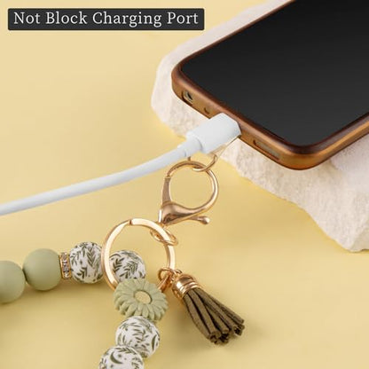 Silicone Beaded Phone Wrist Strap, Phone Wristlet Strap with Tether Tab, Elastic Hands-Free Daisy Wristlet Bracelet(Green) - color: Daisy Green