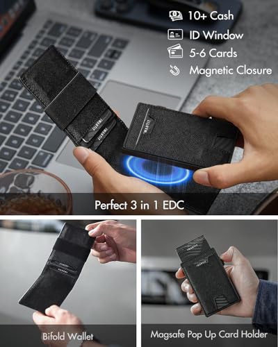 iwantit 3 in 1 Magsafe Wallet Men: Bifold Wallet + Magnetic Wallet for iPhone - Detachable Cash Strap, Smart Pop Up Card Holder, ID Window, Premium Leather (Cross Grain Black) - color: Cross Grain Black