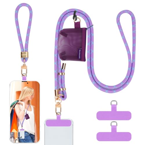HOTEMIA Phone Lanyard and Wrist Straps, Adjustable Cell Phone Lanyard Crossbody with Detachable Wallet, 8mm Thick iPhone Lanyard for Around the Neck (Purple+Wallet) - color: Purple+wallet