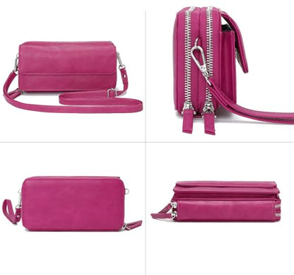 RFID Crossbody Wallet Wristlet Purse with Phone Pocket For Women Vegan Leather - color: B-fuchsia