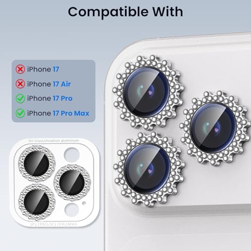 Compatible for iPhone 17 Pro/17 Pro Max Camera Lens Protector, Explosion-Proof 9H Tempered Glass with Diamond Gear Metal Ring, HD Anti-Scratch Lens Protection Decoration Accessories (Silver)