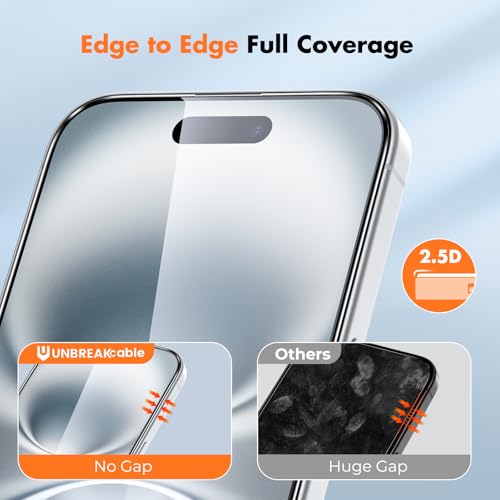 UNBREAKcable for iPhone 16 Plus Screen Protector, 3-Pack Full Coverage Tempered Glass [Military Grade Shatterproof] [9H Hardness] [Easy Installation Frame] [Bubble Free] for iPhone 16 Plus 6.7" - size: iPhone 15 Plus/16 Plus
