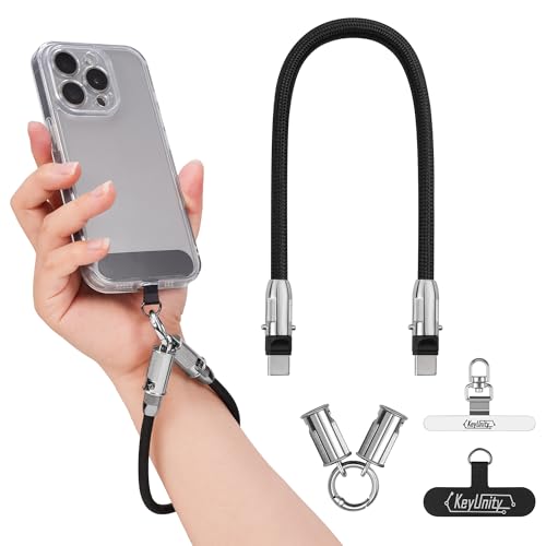 KeyUnity Phone Lanyard with USB C Charging Cable 2 in 1 Braided Strap Wrist and Crossbody Lanyard Universal Phone Strap - color: Black, size: 18cm