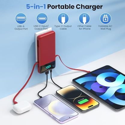 Portable Charger for iPhone,13800mAh Slim Power Bank with Built-in Cables & AC Wall Plug,All in One 4 Outputs USB C Fast Charging Battery Pack Travel Essential for iPhone 17/16/15/14,Android (Red) - color: Red