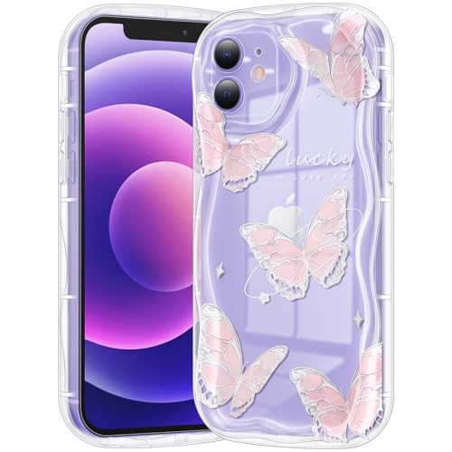 Compatible for iPhone 12 Case, Pretty Butterfly Print Three-Dimensional Wave Clear Case for Girls Women, Soft Full Package Anti-Fall Cover for iPhone 12, Pink Butterfly - color: Pink Butterfly, size: iPhone 12
