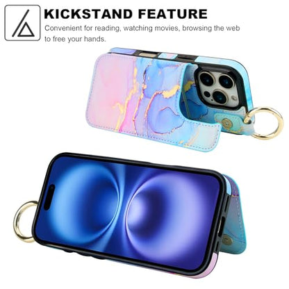 HAOPINSH for iPhone 16 Pro Wallet Case with Card Holder, Pink Blue Marble Print Back Flip Folio PU Leather Kickstand Card Slots Case, Finger Grip Ring Double Magnetic Clasp Shockproof 6.3" - color: Pink Blue Marble Grip Ring