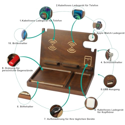Wood Phone Docking Station with 4 Wireless Charger Nightstand Organizer - color: Walnut color