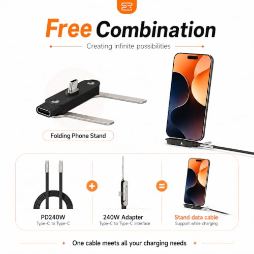 240W Detachable USB C to USB C Fast Charging with Invisible Phone Stand - size: Detachable,C to C,B
