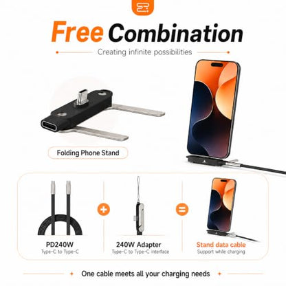 240W Detachable USB C to USB C Fast Charging with Invisible Phone Stand - size: Detachable,C to C,B