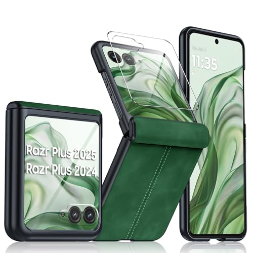 for Motorola razr+ Plus 2026 Case, Razr+ Plus 2025/2024 Case Built-in Screen Protector& Hinge Protection & Ultra Thin PU Leather Matte PC Shockproof Case for Moto Razr+ 2026/2025/2024 (Green) - color: Green, size: Razr+ 2025/2024