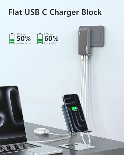 65W GaN Flat USB Wall Charger Block - 3 Port Foldable USB Charging Block - color: Gray