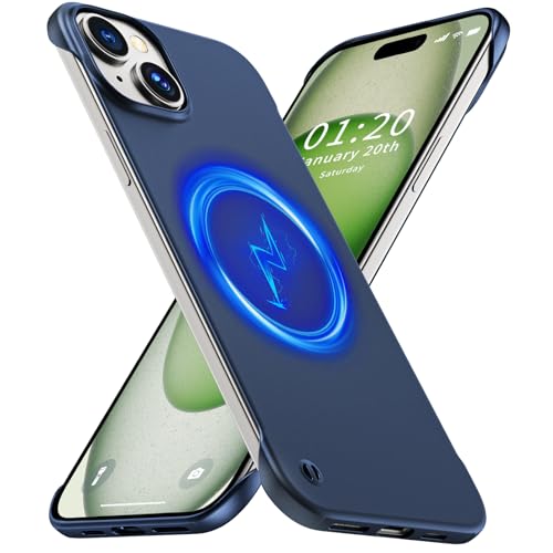 GRECAZO Magnetic Frosted Frameless Case for iPhone 15, Navy Blue | Compatible with MagSafe, Metallic Finish, Hard PC Cover, Ultra Thin Lightweight Minimalist Borderless, Slim Fit, 6.1-Inch - color: Navy Blue, size: iPhone 15