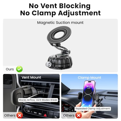 Strong Suction Cup Magnetic Car Phone Holder for iPhone & Android Phones, Shock-Resistant Phone Mount for Dashboard Windshield, 360° Rotation, Heavy-Duty, Foldable, Hands-Free, Ideal for Navigation - color: Black