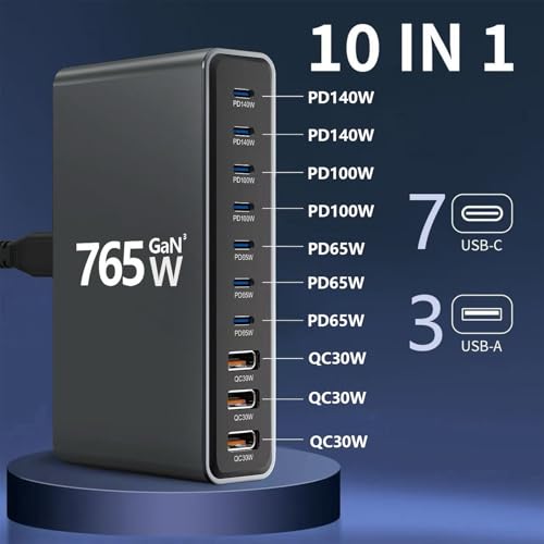 765W 10-Port GaN 3 Desktop Charging Station for Phones, Tablets, Laptops, Smartwatches & Earphones - Home, Office & Travel Compatible - size: 765WGaN3