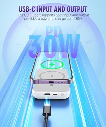 for Magnetic Power Bank, 6800mAh Wireless Portable Charger with PD30W Fast Charging, Battery Pack Built-in 2 Output Cables for iPhone Series(Silver White) - color: Silver White