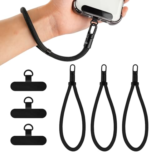 Universal Adjustable Phone Wrist Strap, Wristlet & Hand Cell Phone Lanyard With Metal Tether Tabs - color: Black