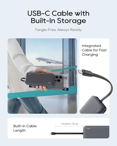 CUKTECH 20000mAh Portable Charger, 40W Power Bank, Built-in USB-C Cable - color: LPB200N-Gray
