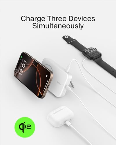 Belkin 10000mAh 15W Qi2 MagSafe Power Bank with Kickstand | Wireless Charging Battery Pack, iPhone 17, Air, Pro, Pro Max, AirPods, Apple Watch, Google Pixel 10, Built-in Stand, Magnetic - color: White, style: 10K mAh
