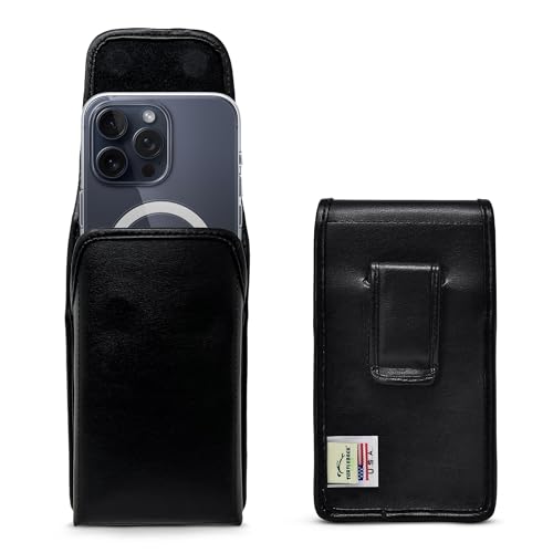 Turtleback Belt Holder for iPhone 16 Pro Max, 15 Pro Max, 14 Pro Max -Small- Fits w/Slim MagSafe Style Cases, Premium Black Leather Vertical Belt Holster Magnetic Closure Leather Wrapped Clip - color: Vertical - Leather w/ Leather Clip, size: Small