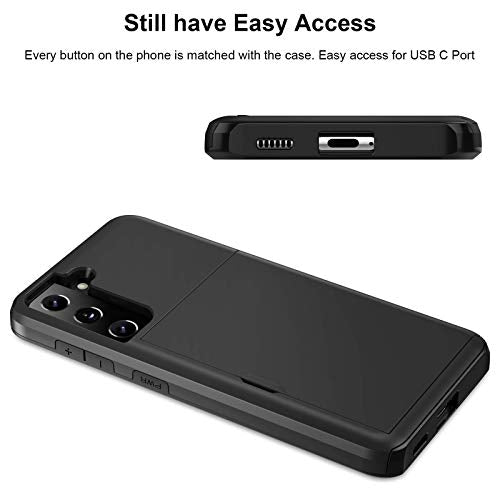 Jiunai for Samsung Galaxy S21 Case Wallet Credit Card IDs Cash Holder Black | Slide Cover Dual Layer Hybrid Protective Hard PC Soft TPU Rubber Cover Phone Case for Samsung Galaxy S21 5G 6.2'' Women Men - color: Black