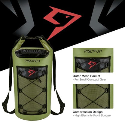 Piscifun Dry Bag, Waterproof Floating Backpack 10L/20L/30L/40L | Waterproof Phone Case, Adjustable shoulder straps, Roll-top closure keeps gear dry, Ideal for Boating, Kayaking, Fishing - color: Army Green, style: 30l