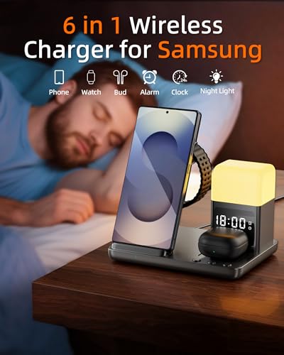 Wireless Charger Samsung Charging Station, with Alarm Clock and Night Light for Samsung S25 S24 S23 S22 Galaxy Watch 8-4 Series, Adapter Included, Black