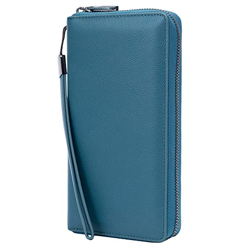 Bveyzi Women RFID Blocking Wallet Leather Zip Around Phone Clutch Large Capacity Ladies Travel Purse Wristlet - color: Lake Blue