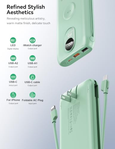 Portable Charger 10000mAh 20W, Wall Plug, 2 Cables, iWatch Charging - color: Natural Green