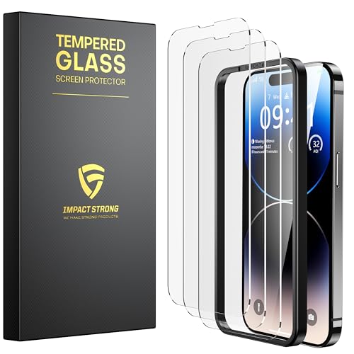 ImpactStrong 3-Pack Shatterproof Tempered Glass Screen Protector for iPhone 14 Pro [Easy Installation Frame] [Bubble Free] [9H Hardness] [Full Coverage] Case Friendly, 6.1 Inch - size: iPhone 14 Pro