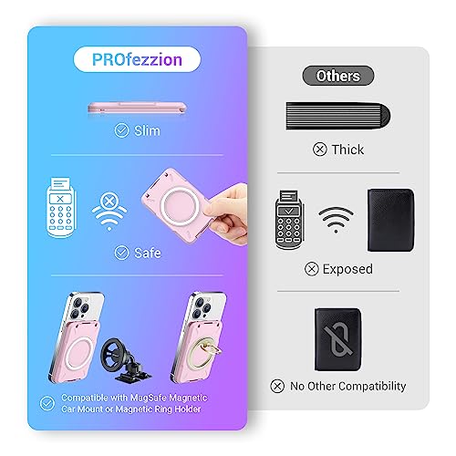 PROfezzion Double Sided Magnetic Phone Card Holder Wallet for MagSafe, Pink | RFID Blocking, Compatible with iPhone 17 16 15 14 13 12 Pro Max Plus, Holds 4-Cards, Secure Snap Latch, Adjustable Stand - color: PINK