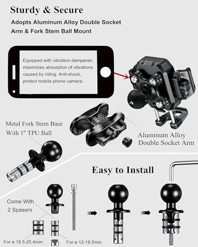 BRCOVAN Anti-Theft Motorcycle Fork Stem Phone Mount with Vibration Dampener