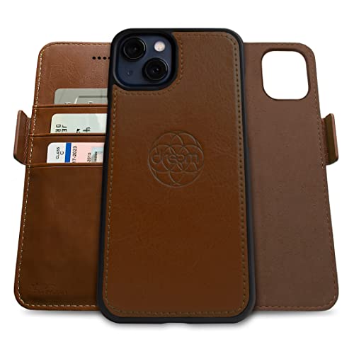 Dreem Vegan Leather Magnetic Detachable Wallet Case for iPhone 13 | Built-in Phone Stand, RFID Blocking Card Holder Flip Cover, MagSafe Compatible, Gift Box [Fibonacci: Chocolate] - color: Chocolate, size: iPhone 13