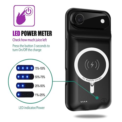 Wireless Charging Case for iPhone 17 Air, 12000mAh High Capacity Portable Rechargeable Battery Case Qi Wireless Charging Compatible with iPhone Air (6.5 inch) Extended Battery Charger Cover-Black - size: iPhone 17 Air (6.5 inch)