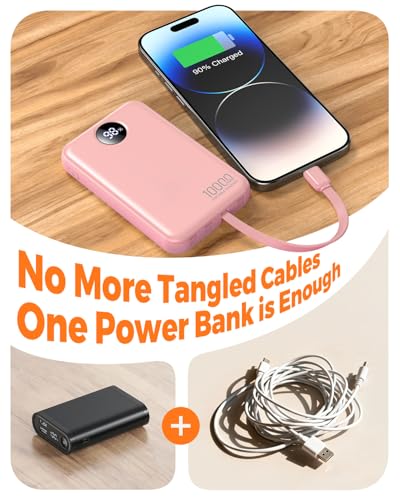 Portable Charger 10000mAh with 4 Built-in Cables 40% Smaller - color: Pink