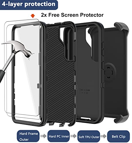 for Samsung Galaxy S23 Case with Belt Clip Holster, 2 x Screen Protector, Heavy Duty Military Grade Full Body Shockproof Dust-Proof Rugged Protective Cover for Samsung S23 5G (Black) - color: Black