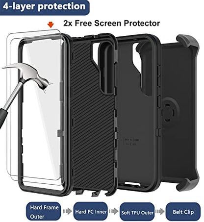for Samsung Galaxy S23 Case with Belt Clip Holster, 2 x Screen Protector, Heavy Duty Military Grade Full Body Shockproof Dust-Proof Rugged Protective Cover for Samsung S23 5G (Black) - color: Black