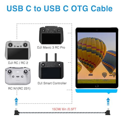 0.5FT USB C to USB C Remote Controller Cable for iPhone 17/16/15 Pro Max, DJI Mini 5/4/3 Pro, Mavic 4/3 Pro, Mini 2, Mavic Air 2/2S, RC-N1/RC 2/Pro to Tablet Cable 90 Degree OTG Data Cord Accessories - size: 0.5FT(6in), style: USB C to USB C