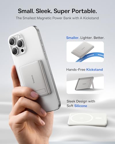 Baseus Picogo Power Bank, Smallest Qi2 Certified 15W MagSafe Portable Charger, 0.5" Ultra Slim 5000mAh Magnetic Battery Pack with Stand, Alloy Wireless Charger for iPhone 17 Pro Max/17 Air/16 Series - color: Natural Titanium