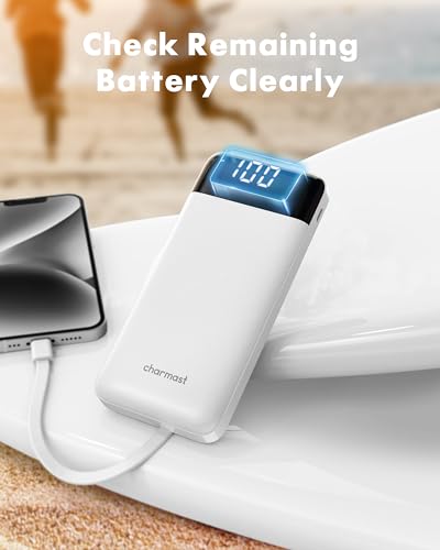 charmast Power Bank Portable Charger with Reinforced Built-in 4 Cables - color: White
