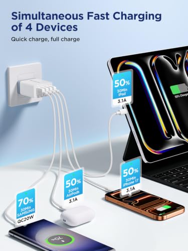 USB Charger Block, 2Pack 4 Multi USB Fast Charging Block QC3.0 Wall Charger Blocks 3.1A Multi USB charger Plug Cube for iPhone 17/16/15/14/13 Pro Max,iPad,Samsung Galaxy,Android Phone,Multiple Devices