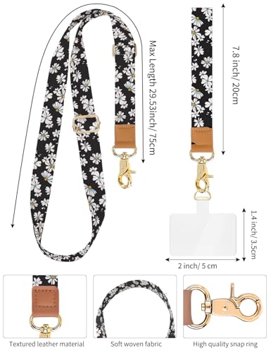 Phone Lanyard Crossbody Strap, Adjustable Neck Strap and Wristlet Strap for Phone Wallet ID Badge with 2 Phone Tabs - color: Black Daisies