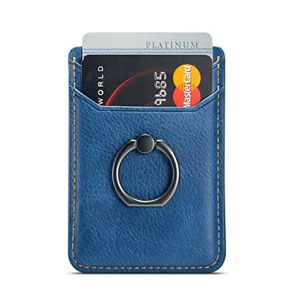 Card Holder Sleeve with Ring, RFID Credit Wallet Synthetic Leather Stick On Back Grip for iPhone Samsung Smartphone - Blue - color: Cow Blue