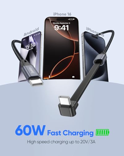 90 Degree USB C Cable 1FT, 60W Right Angle USB C Cable (Flat) - size: 1FT