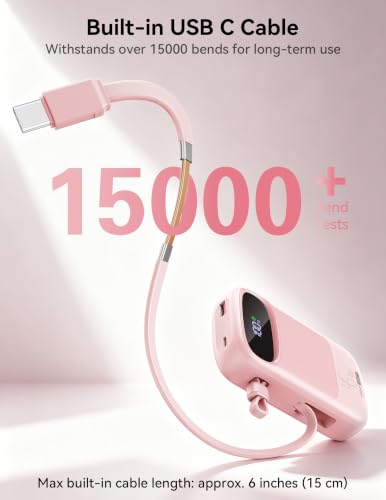 RETMSR Portable Charger 20000mAh 45W USB C Fast Charging, Built-in Cable - color: Misty Pink