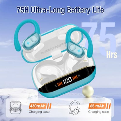 Wireless Headphones Sports, 75Hrs Bluetooth 5.4 Earbuds, Bass Hi-Fi Stereo - color: Y-Starry Light Blue