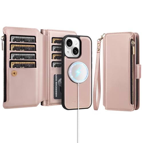 Antsturdy Compatible with MagSafe iPhone 14 Wallet Case,Rose Gold | Detachable Magnetic Credit Card Holder,RFID Blocking,PU Leather Zipper Purse,Wrist Strap Kickstand,Flip Phone Cover for Women - color: (Detachable with Magsafe)-Rose Gold