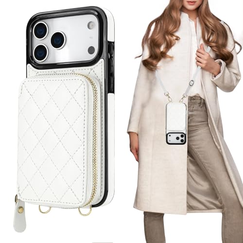 Bocasal Crossbody Wallet Case Card Holder for iPhone 17 Pro Max White | RFID Blocking PU Leather Zipper Handbag Purse, Kickstand Flip Folio Case with Card Slots Holder Wrist Strap Lanyard 6.9 Inch - color: White