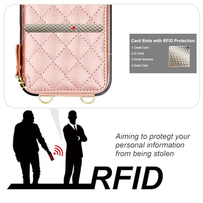 Bocasal Crossbody Wallet Case Card Holder for iPhone 17 Pro Max Rose Gold | RFID Blocking PU Leather Zipper Handbag Purse, Kickstand Flip Folio Case with Card Slots Holder Wrist Strap Lanyard 6.9 Inch - color: Rose Gold